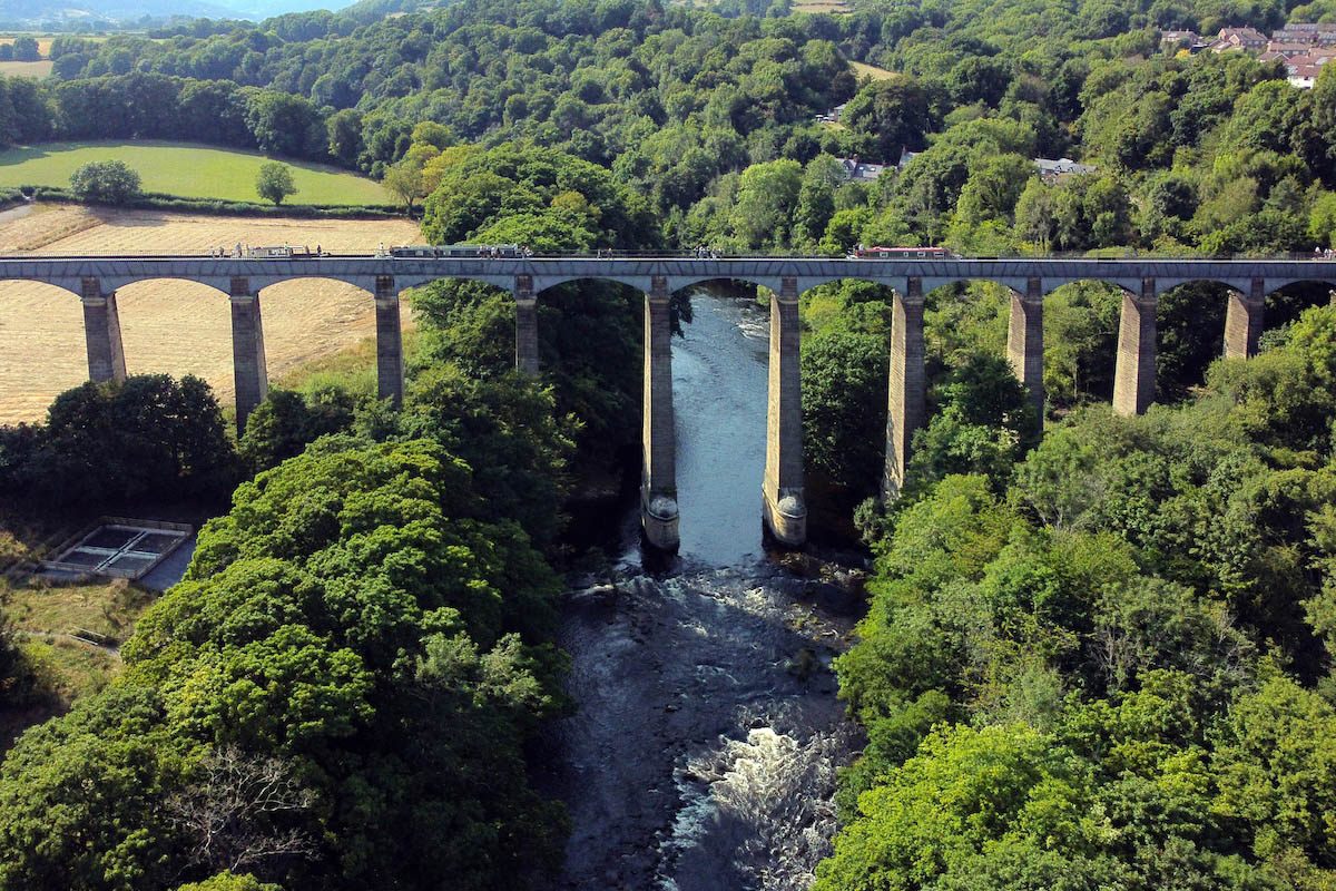 Aerial view of the Pontcysyllte Aqueduct that carries the Llangollen Canal across the River Dee in the Vale of Llangollen in northeast Wales.
